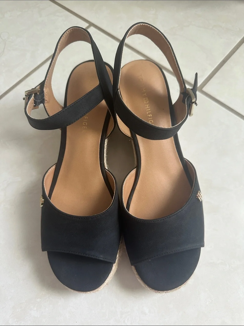 NWOT Tommy Hilfiger Black Espadrille Wedge Sandals with Gold Logo